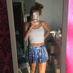 blue patterned flowy skort